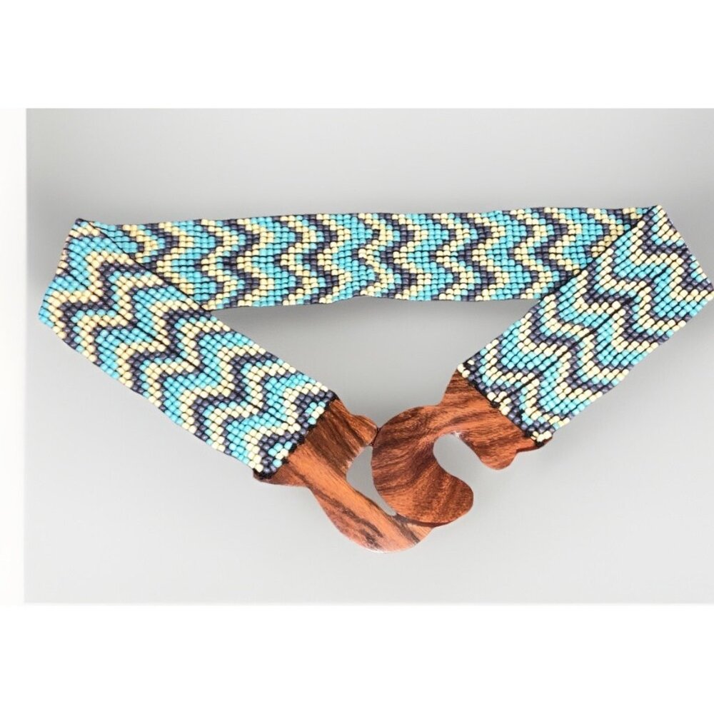 Womens Chevron Beaded Belt Southwestern Wood buckle Stretchy Handcrafted   (6)